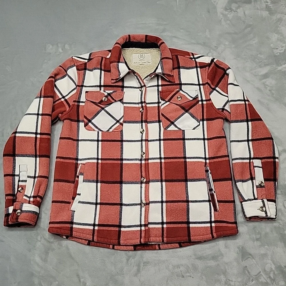Sage Collective Jacket Women S Red Plaid Fleece Sherpa Lined Button Down Shacket